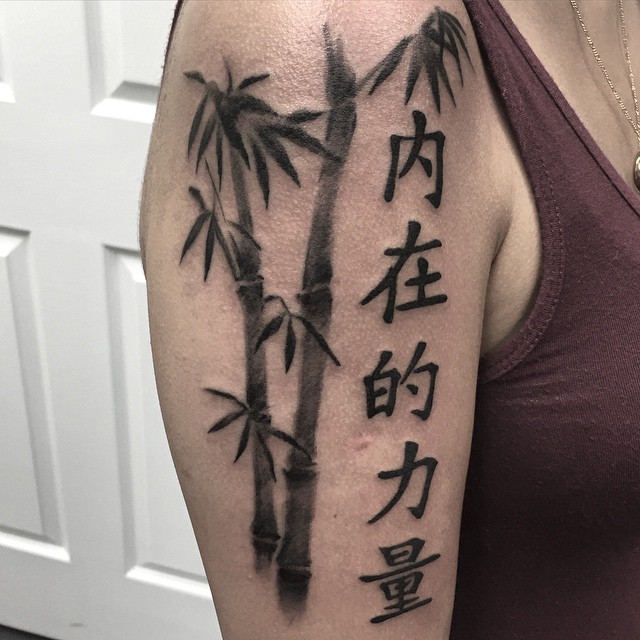 Awesome Bamboos And Chinese Inner Strength Tattoo On Right Half Sleeve