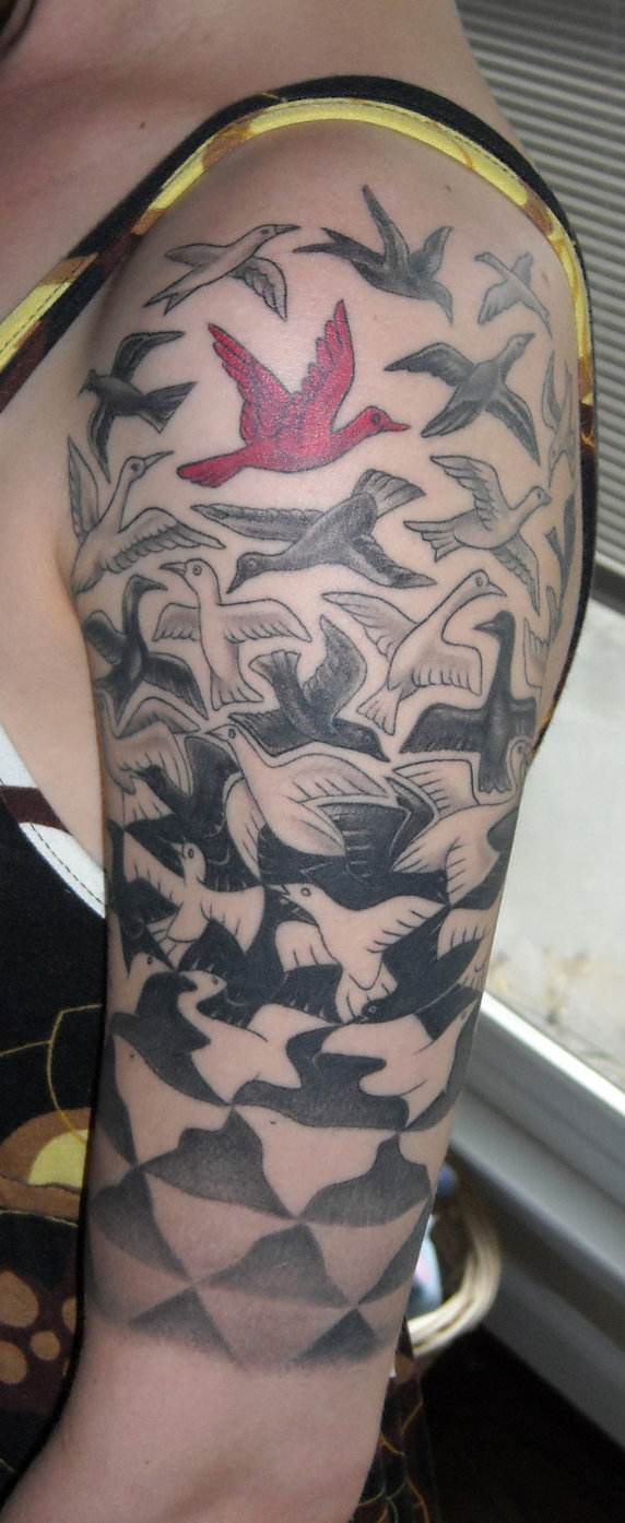 Awesome Birds Flying From Escher Design Tattoo On Left Half Sleeve