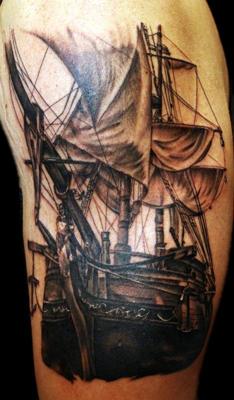 Awesome Black And Grey Pirate Ship Tattoo
