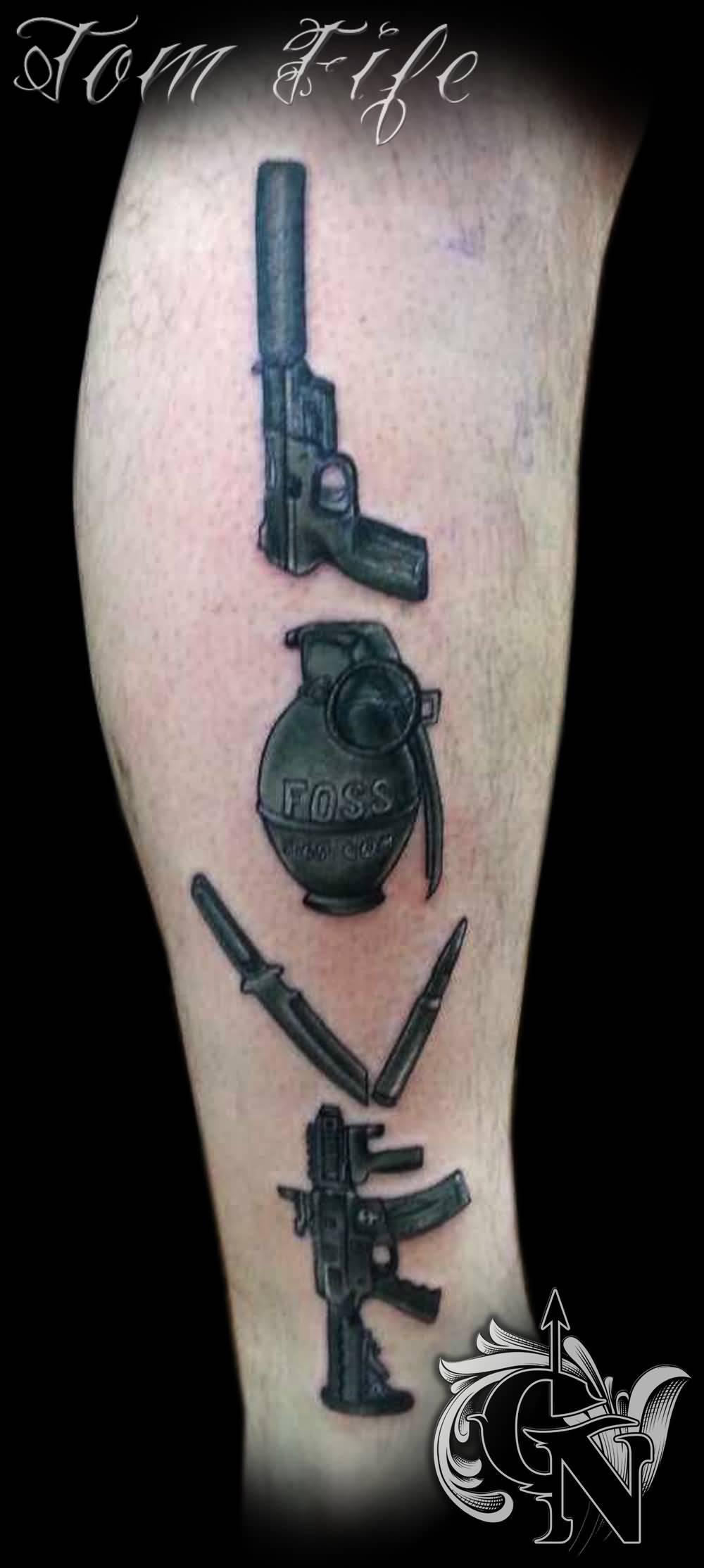 Awesome Black Love Weapons Tattoo On Leg