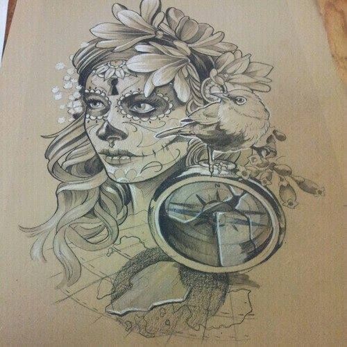 Awesome Catrina With Bird On Compass Tattoo Sketch