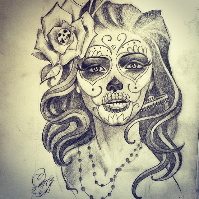 Awesome Catrina With Skull Flower Tattoo Sketch