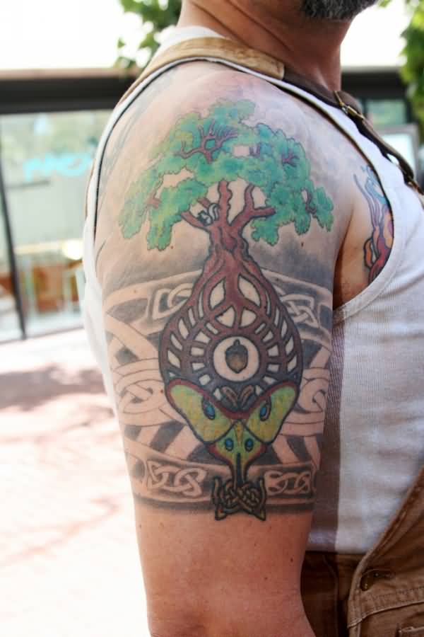 Awesome Celtic Tree Of Life Colored Tattoo On Right Half Sleeve