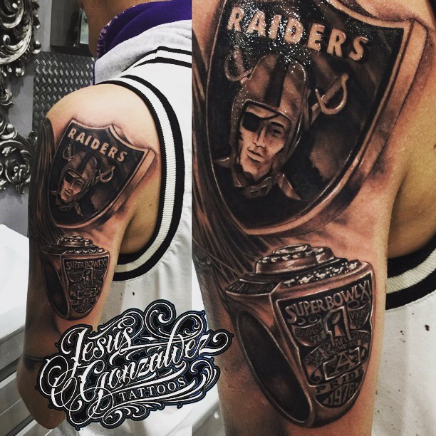 Awesome Champion Oakland Raiders Tattoo On Left Half Sleeve