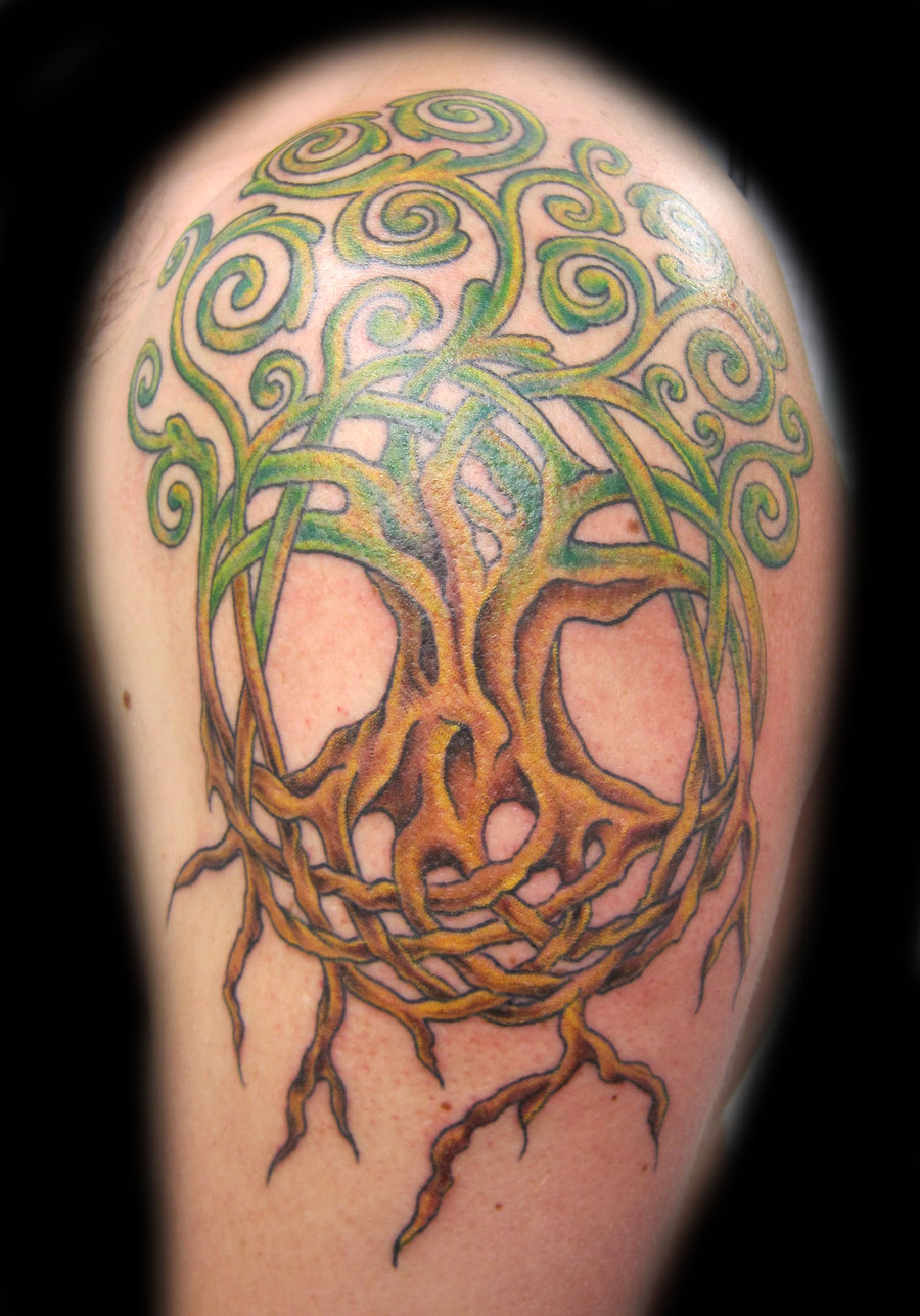 Awesome Colored Tree Of Life Tattoo On Shoulder By PainlessJames