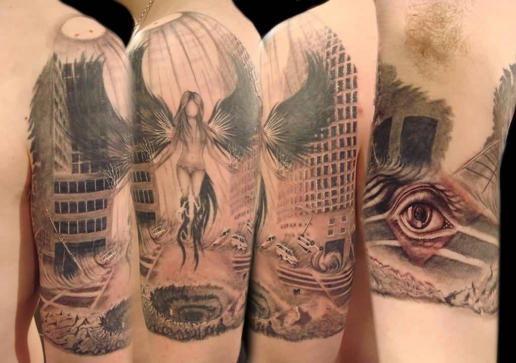 Awesome Dark Angel And Escher Eye Tattoo On Half Sleeve By Miguel Angel Tattoo