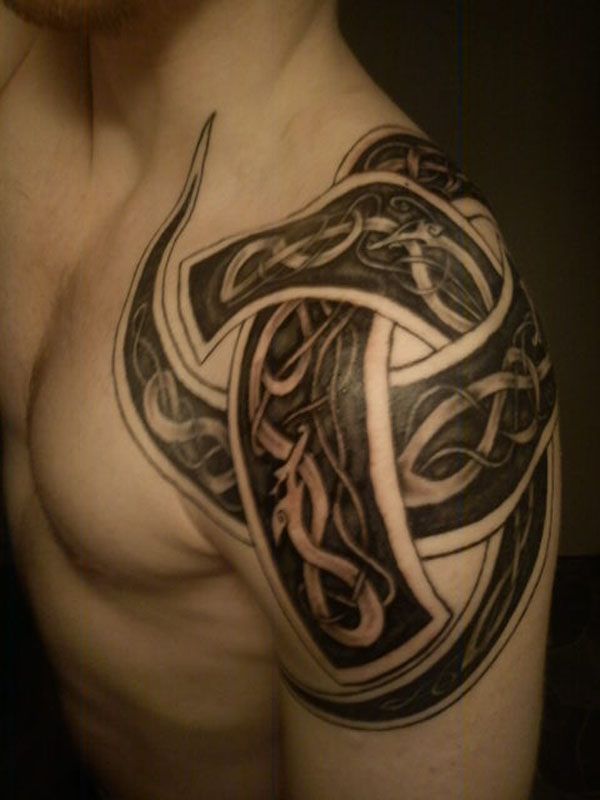 Awesome Dragon Horns Of Odin Left Shoulder Tattoo
