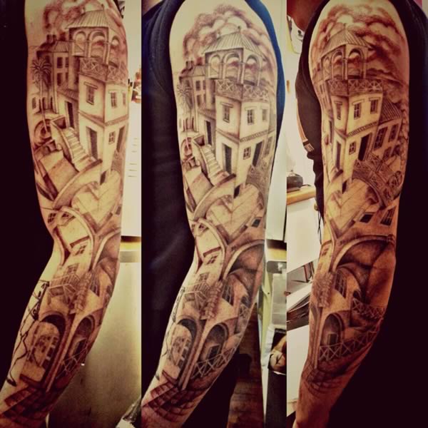 Awesome Escher House Illusion Tattoo On Left Full Sleeve