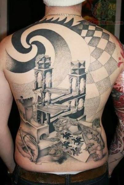 Awesome Full Back Escher Tattoo For Men