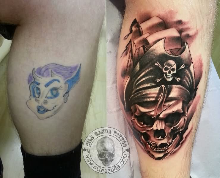 Awesome Grey And Black Pirate Skull And Ship Tattoo On Leg