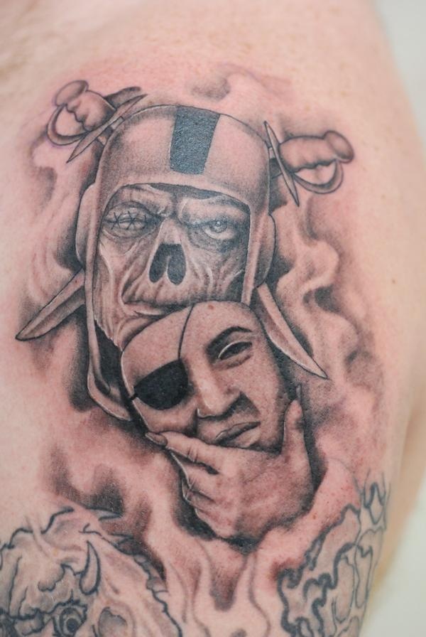 Awesome Grey Ink Oakland Raiders Tattoo On Shoulder