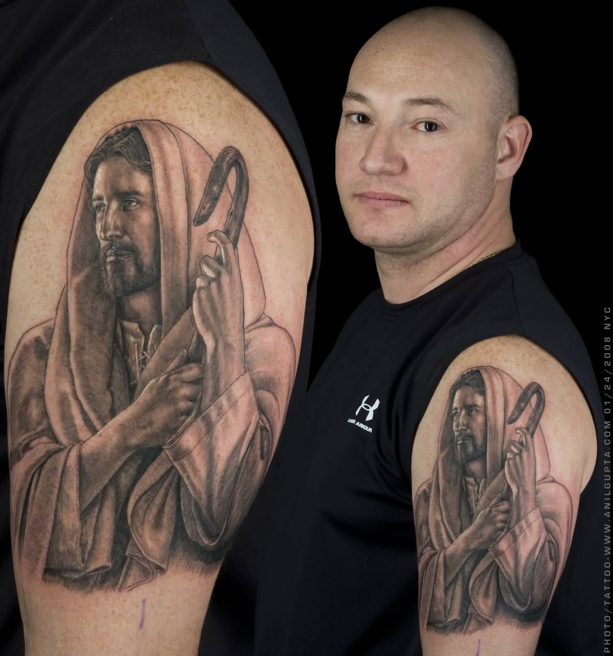 Awesome Grey Jesus Spiritual Tattoo On Left Shoulder