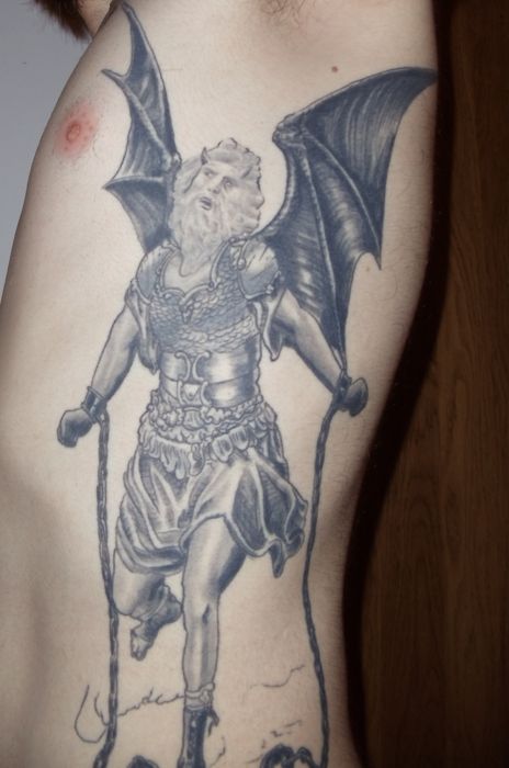 Awesome Grey Paradise Satan Tattoo On Left Side Rib