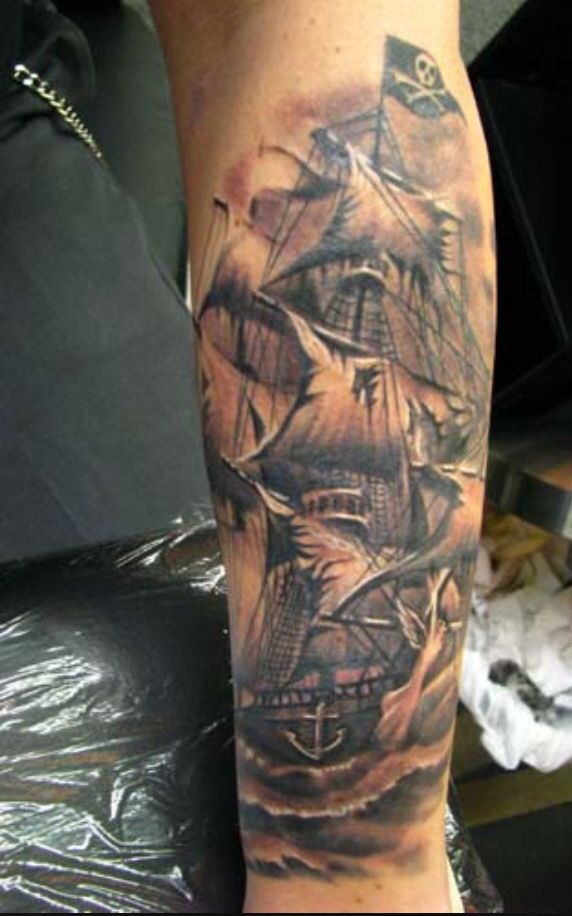 Awesome Grey Pirate Ship Tattoo