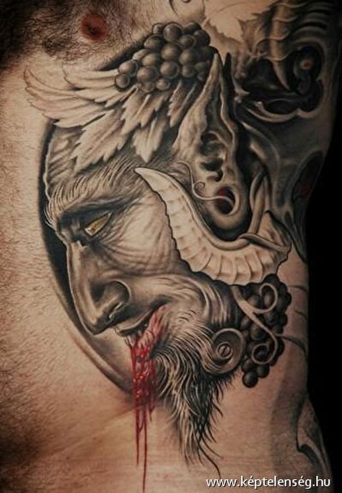 Awesome Grey Satan Tattoo On Side Rib