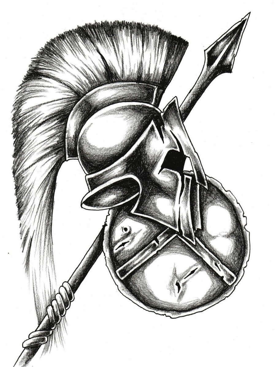 Awesome Grey Spartan Helmet And Weapons Tattoo Stencil