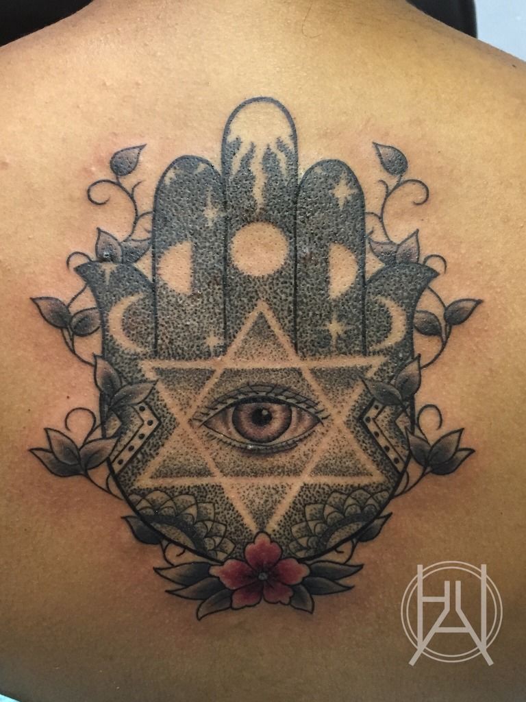 Awesome Hamsa Eye With Star David Tattoo On Upper Back