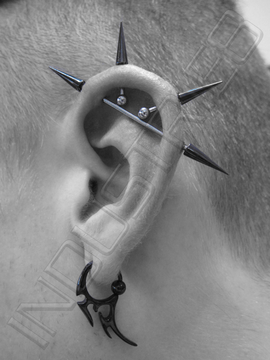 Awesome Left Ear Lobe And Ear Project Piercing With Spike Studs