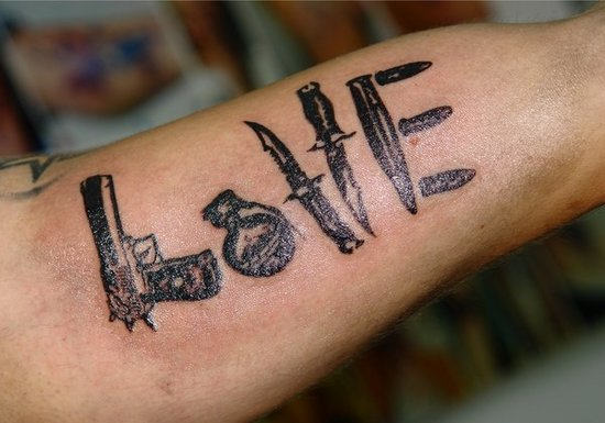 Awesome Love Weapons Tattoo On Arm