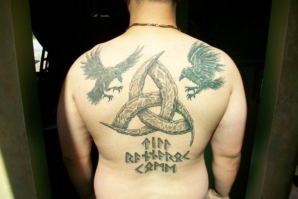 Awesome Odin Horns And Flying Crows Tattoo On Back By D Anarchist