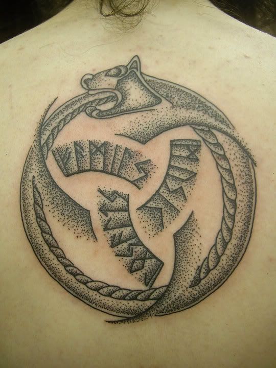 Awesome Odin Horns Symbol Dotwork Tattoo On Upper Back