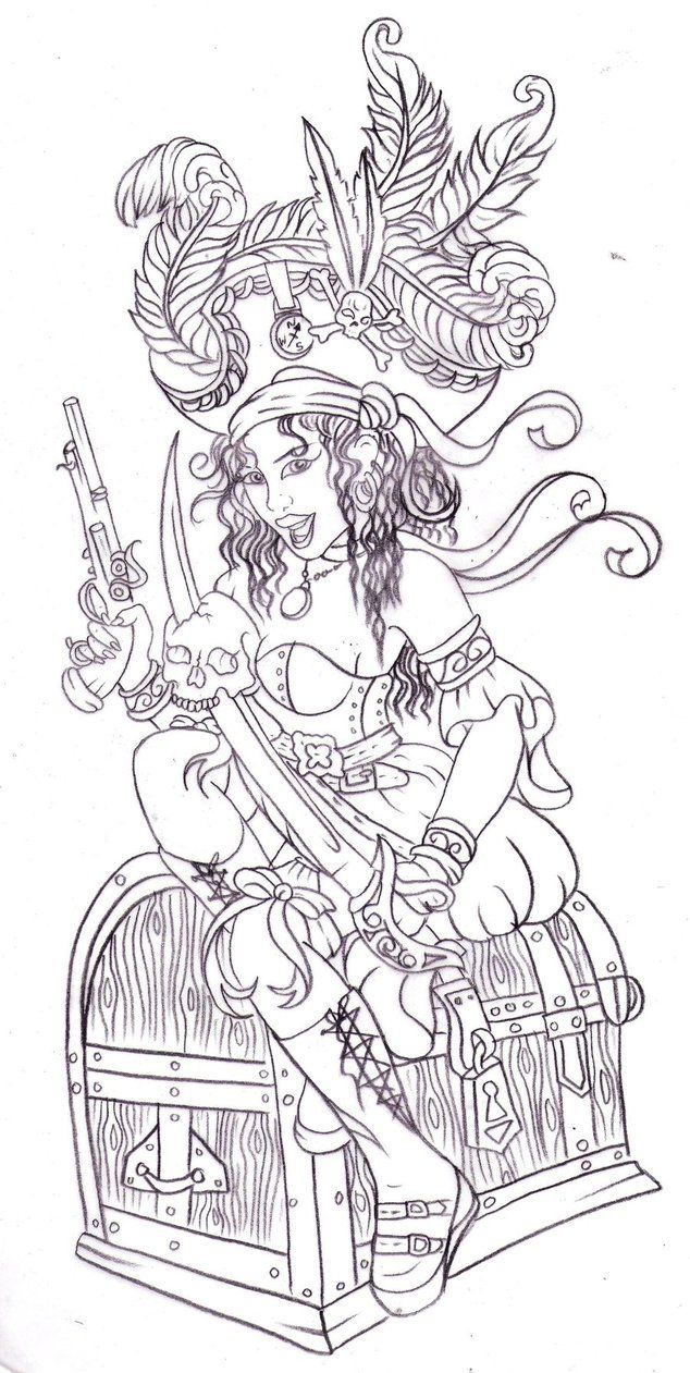 Awesome Pirate Captain Girl Tattoo Sketch By Nevermore Ink