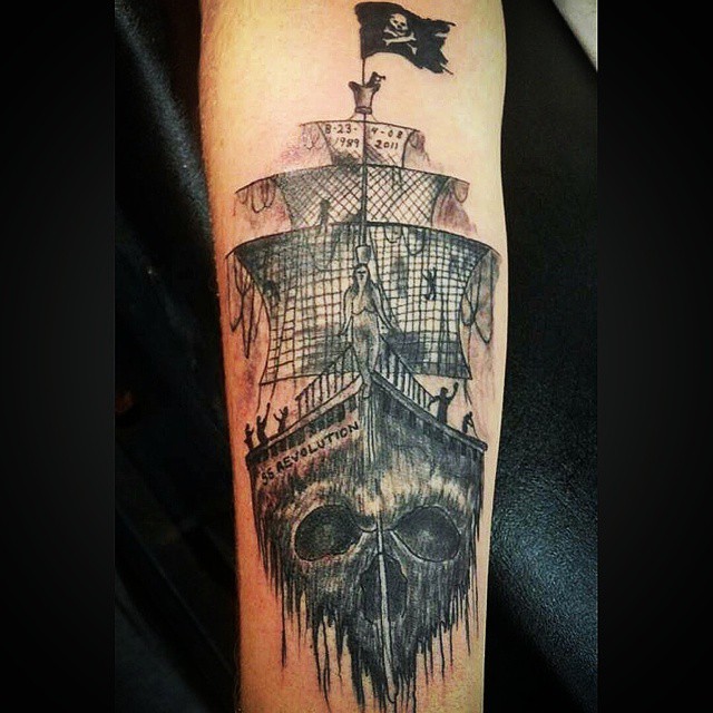 Awesome Pirate Ship Tattoo On Arm