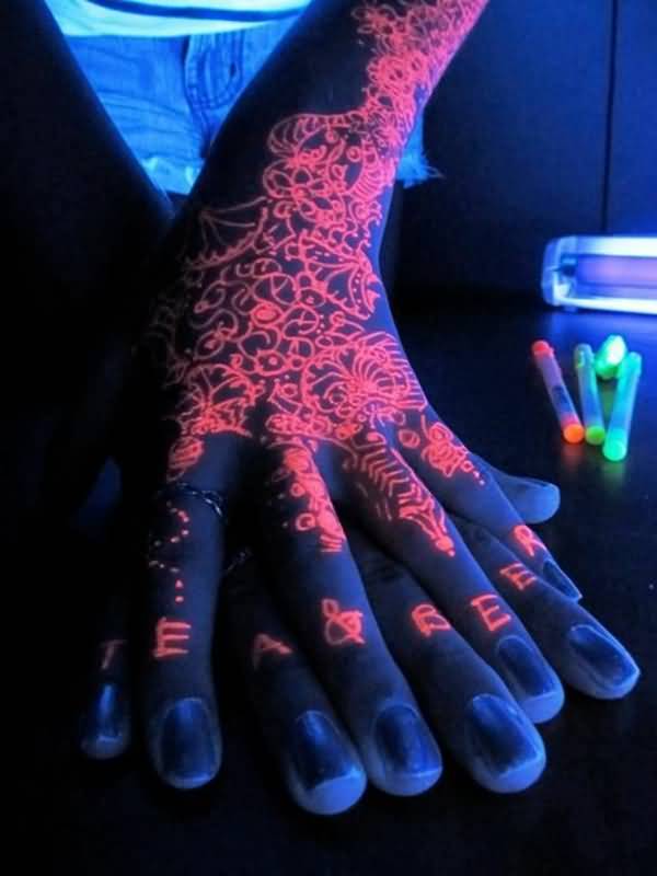 Awesome Red Ink Design UV Tattoo On Arm To Hand