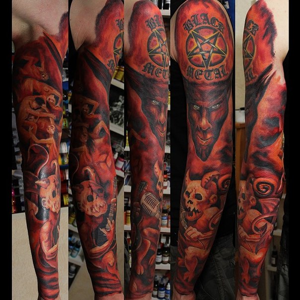 Awesome Red Satan And Imps Tattoo On Full Sleeve
