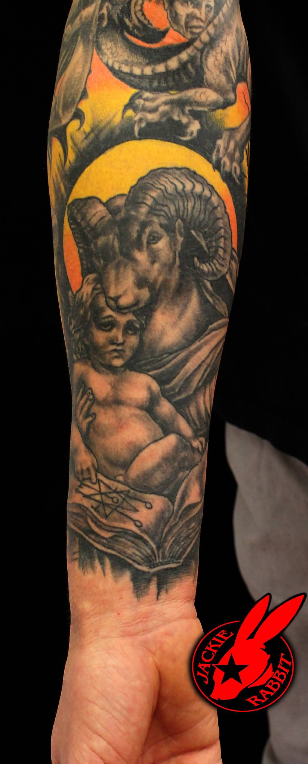 Awesome Satan Baby Tattoo On Forearm By Jackie Rabbit