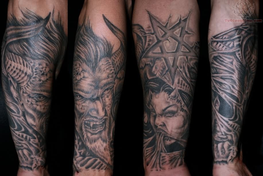 Awesome Satan With Girl Satan Tattoo On Arm Sleeve