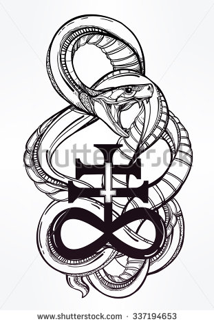 Awesome Snake With Satan Symbol Tattoo Design