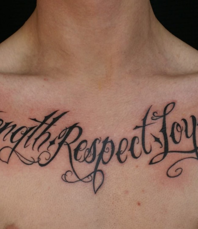 Awesome Strength Respect Joy Tattoo On Collarbone