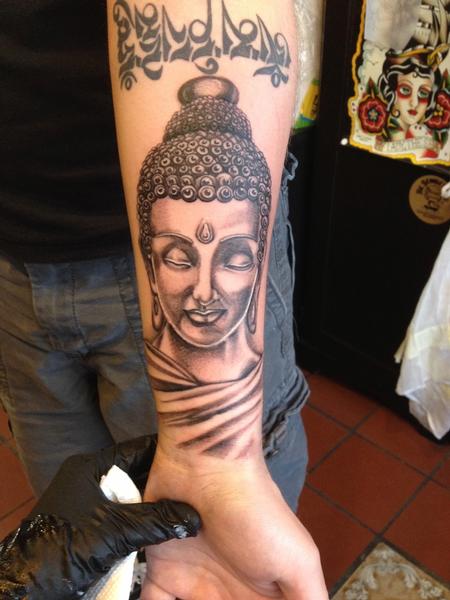 Awesome Tibetan Buddha Tattoo On Forearm