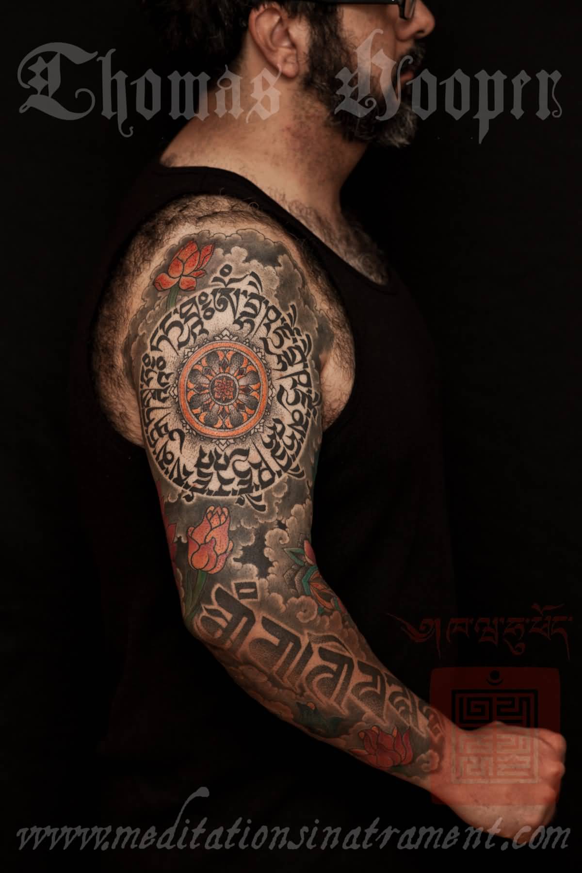 Awesome Tibetan Full Sleeve Tattoo By Thomas Hooper
