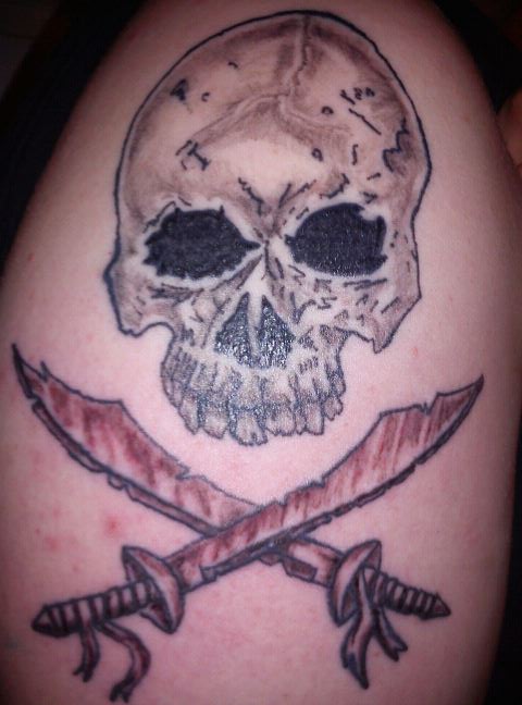 Awful Pirate Skull And Crossed Swords Tattoo