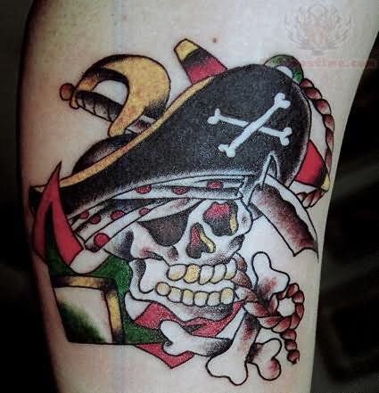 Awful Traditional Pirate Skull With Bones Tattoo