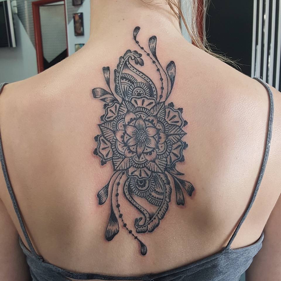 Beautiful Spiritual Flower Tattoo On Upper Back By Jamie Robinson
