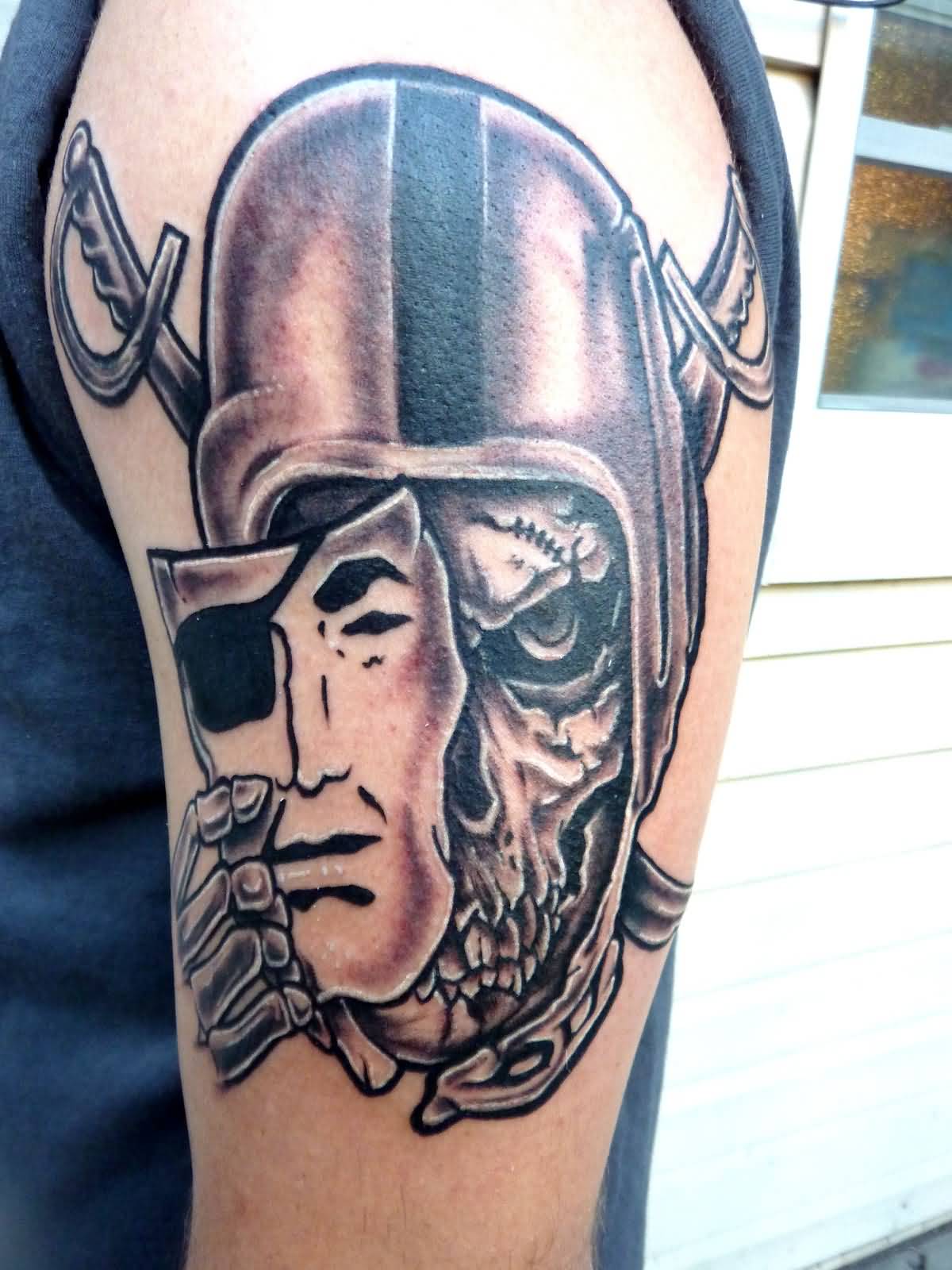 Big Oakland Raiders Skull With Mask Tattoo On Left Half Sleeve By Danielle Silva