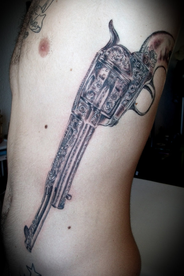 Big Pistol Weapons Tattoo On Side Rib