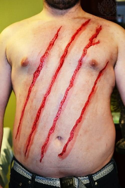 Big Scratches Scarification Tattoo On Front Body For Men