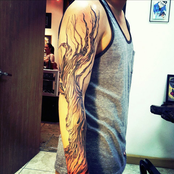 Big Tree Of Life Tattoo On Right Full Sleeve For Men