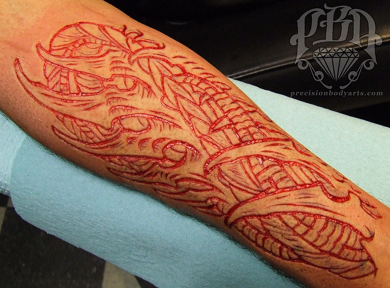 Biomech Scarification Tattoo On Forearm By Ryan Ouellette