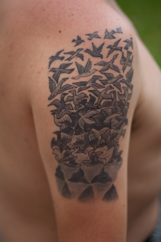 Birds And Escher Design Tattoo On Left Half Sleeve