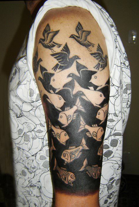 Birds Morphing Into Fishes Escher Tattoo On Left Half Sleeve