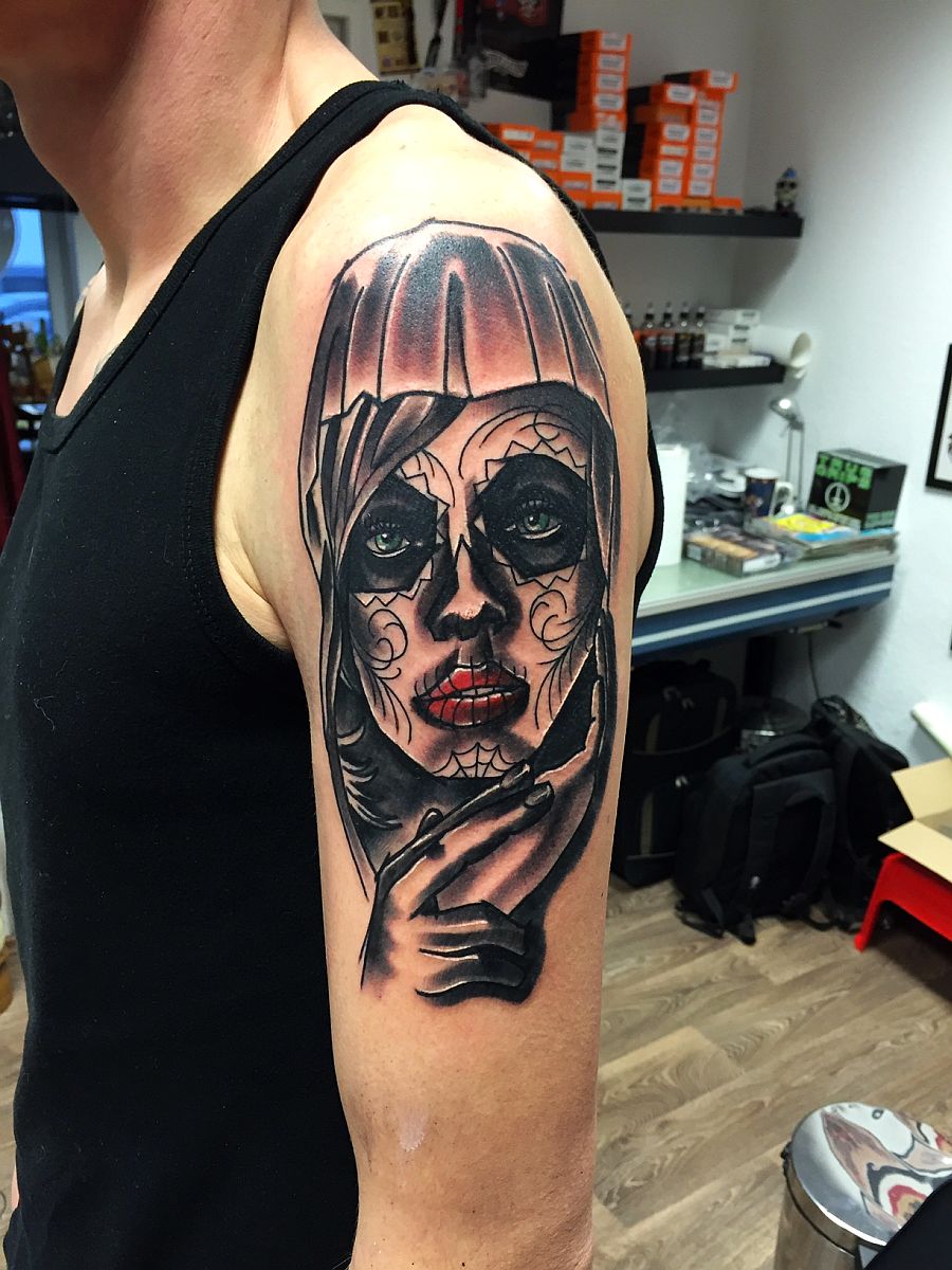 Black And Grey Catrina Tattoo On Half Sleeve