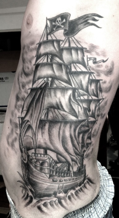 Black And Grey Pirate Ship Tattoo On Side Rib