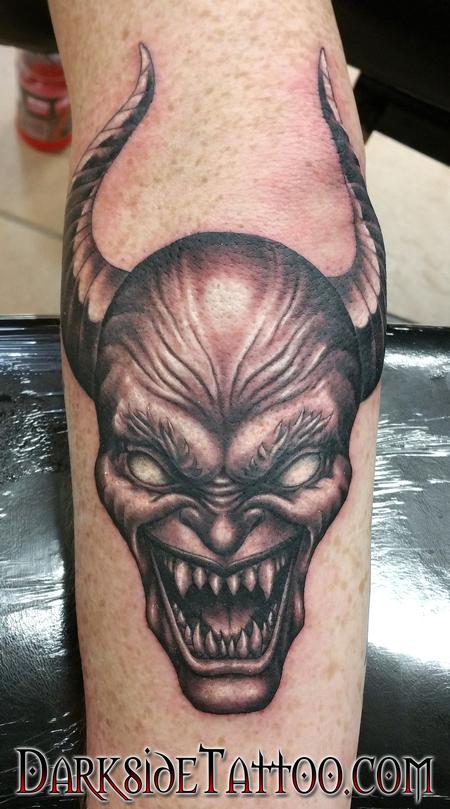 Black And Grey Satan Head Tattoo On Arm By Sean O Hara