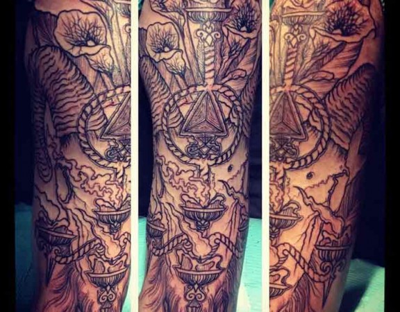 Black And Grey Satan Tattoo On Arm