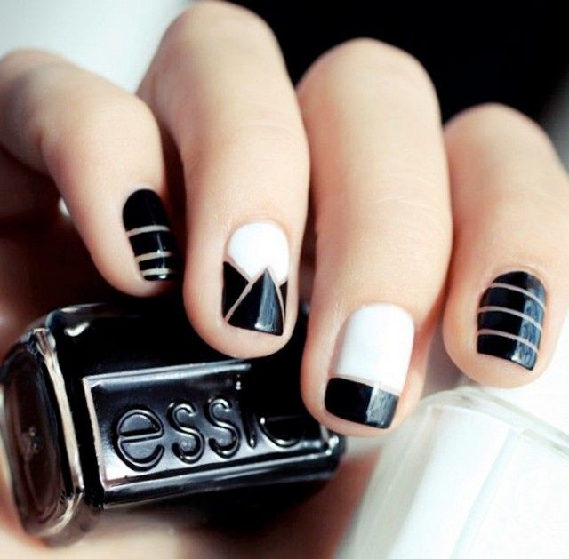 Black And White Geometric Nail Art Design Idea